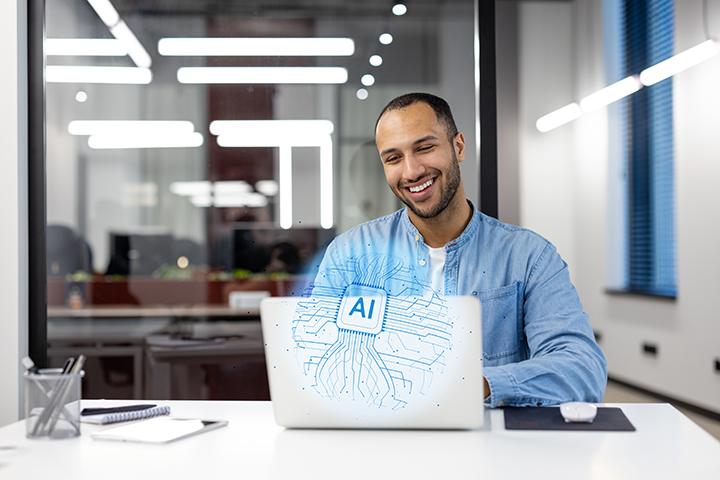 man reviewing AI translation on laptop