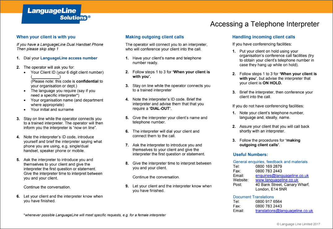 An image of the user guide, which provides instructions for using phone interpreting.